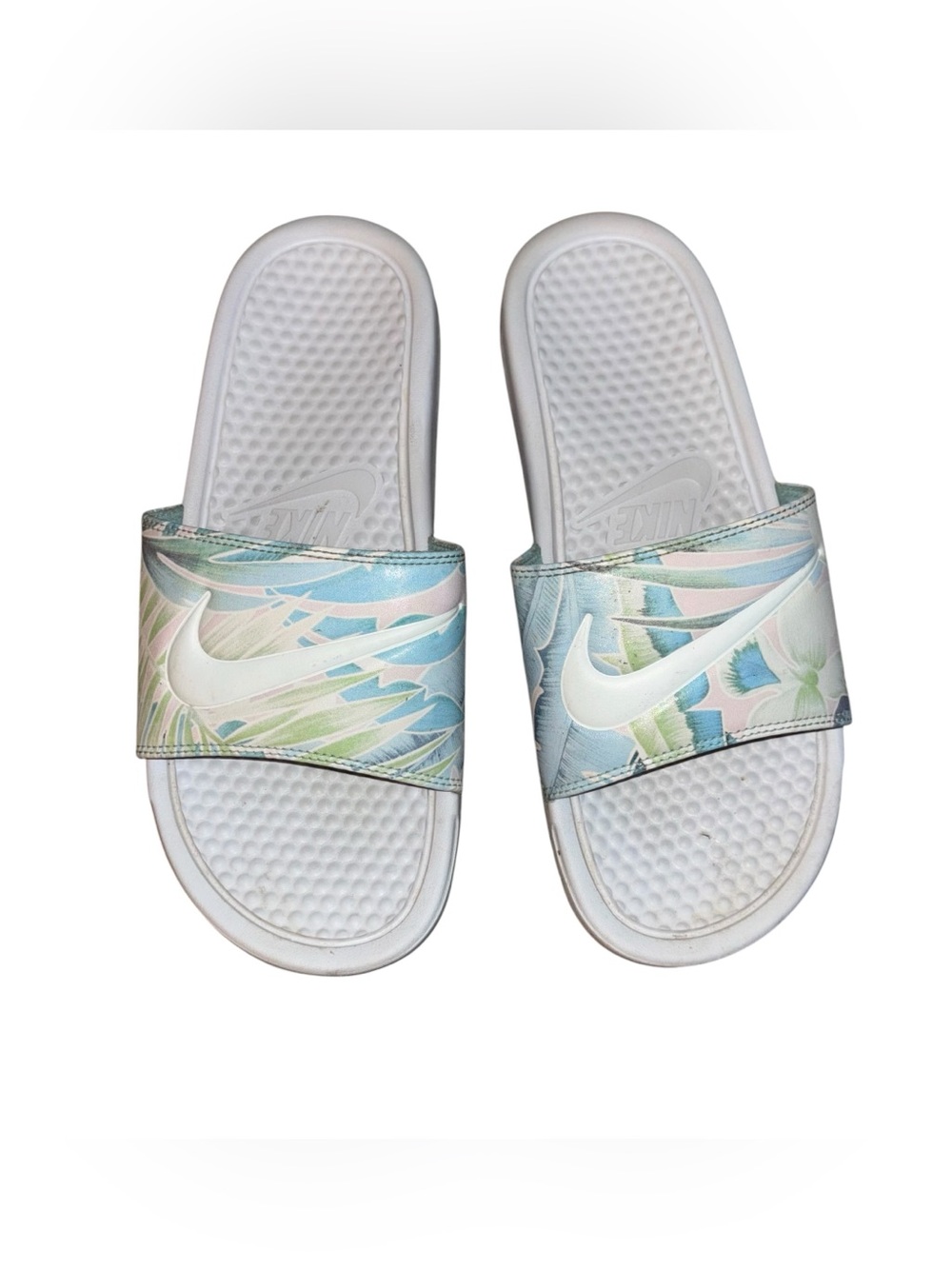 Nike Benassi JDI Tropical Floral Palm Leaf Slide Sandals White Blue Women 8.5 - Picture 5 of 13